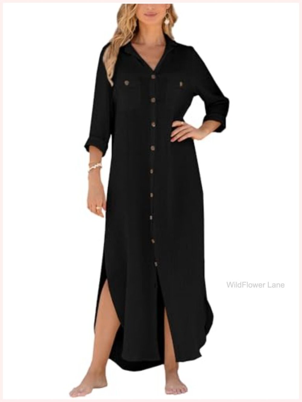 Women's Cotton Button Down Cover Up Maxi Shirt Dress
